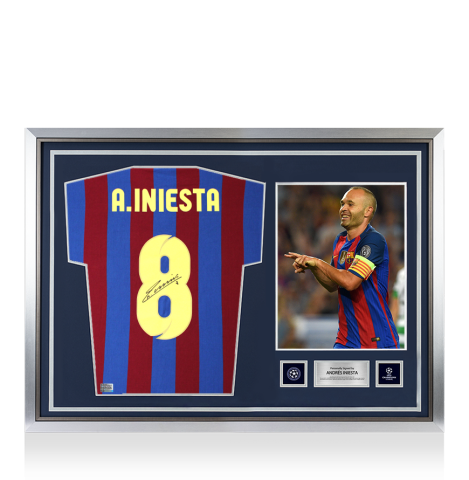 Andres Iniesta Official UEFA Champions League Back Signed and Hero Framed Barcelona Retro Captain's Armband Shirt Andres Iniesta Official UEFA Champions League Back Signed and Hero Framed Barcelona Retro Captain's Armband Shirt