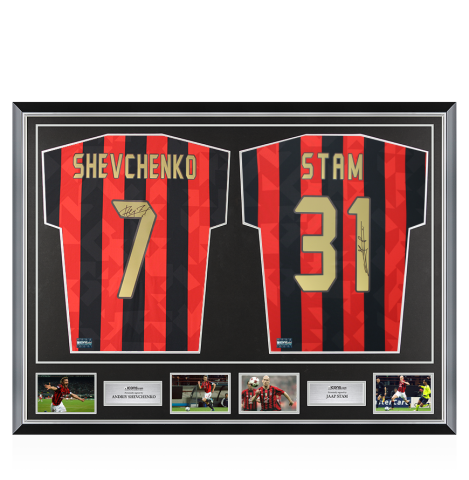 Andriy Shevchenko & Jaap Stam Signed AC Milan Shirts In Classic Dual Frame Andriy Shevchenko & Jaap Stam Signed AC Milan Shirts In Classic Dual Frame