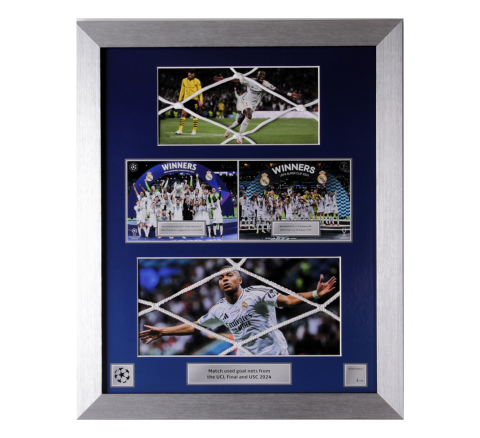 UNSIGNED 2024 UEFA Champions League and UEFA Super Cup Final Match Used and Framed Goal Nets - Borussia Dortmund vs Real Madrid & Real Madrid vs Atalanta