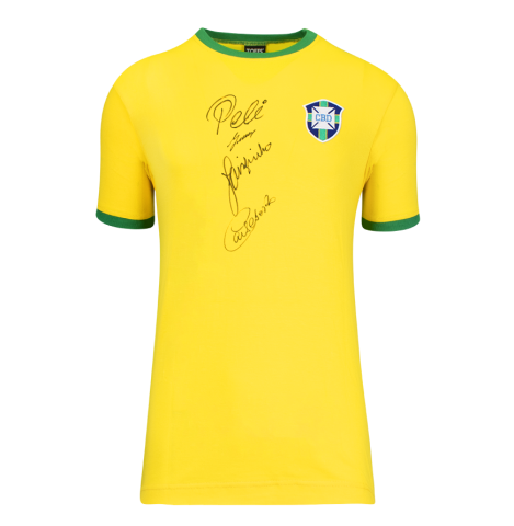 Multi-Signed Official FIFA World Cup™ Brazil 1970 Retro Shirt Signed by Pele, Gerson, Jairzinho and Carlos Alberto In Deluxe Packaging Multi-Signed Official FIFA World Cup™ Brazil 1970 Retro Shirt Signed by Pele, Gerson, Jairzinho and Carlos Alberto In Deluxe Packaging