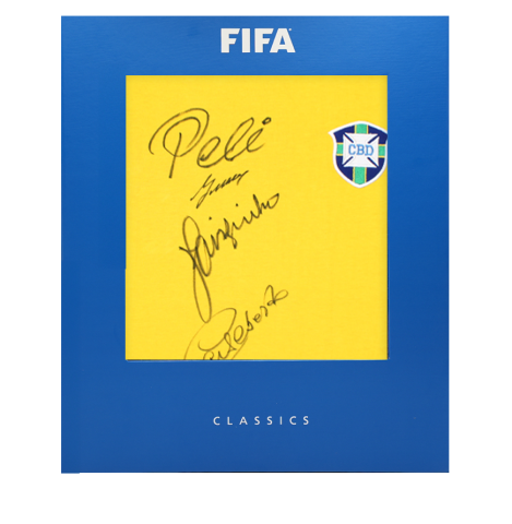 Multi-Signed Official FIFA World Cup™ Brazil 1970 Retro Shirt Signed by Pele, Gerson, Jairzinho and Carlos Alberto In Deluxe Packaging Multi-Signed Official FIFA World Cup™ Brazil 1970 Retro Shirt Signed by Pele, Gerson, Jairzinho and Carlos Alberto In Deluxe Packaging