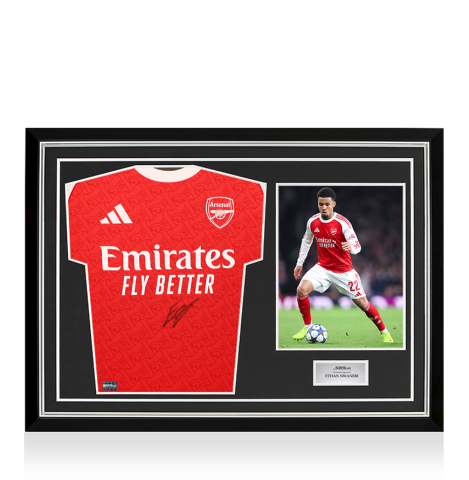 Ethan Nwaneri Front Signed Arsenal 2025-26 Home Shirt In Hero Frame: Option 1