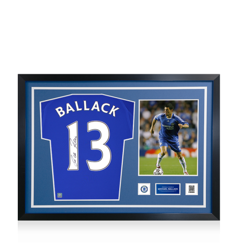 Michael Ballack Official Chelsea FC Signed and Framed Retro Home Shirt