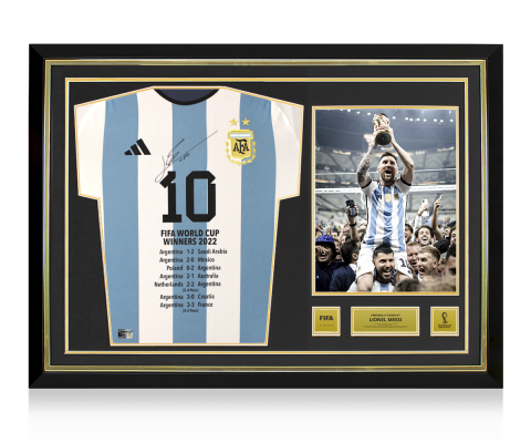 Lionel Messi Official 2022 FIFA World Cup™ Front Signed and Hero Framed Argentina 2022-23 Home Shirt: 2022 FIFA World Cup Winner Stats Edition