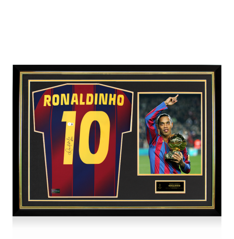 Ronaldinho Official Ballon d'Or™ Back Signed and Hero Framed FC Barcelona 2025-26 Home Shirt - 2005 Winner Edition