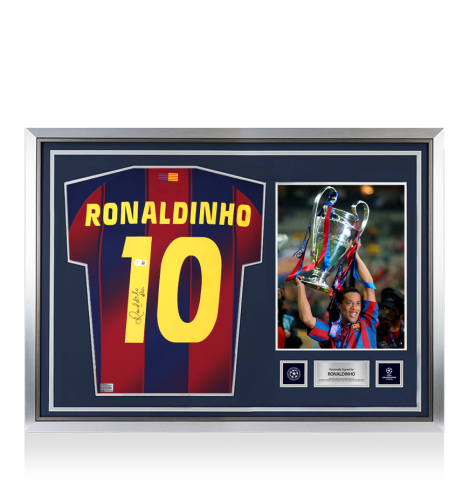 Ronaldinho Official UEFA Champions League Back Signed and Hero Framed FC Barcelona 2025-26 Home Shirt