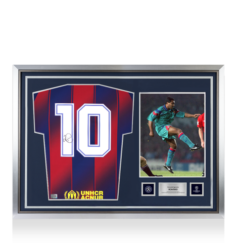 Romario Official UEFA Champions League Back Signed and Hero Framed FC Barcelona 2025-26 Home Shirt