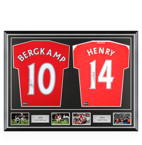Dennis Bergkamp & Thierry Henry Signed Arsenal Shirts In Classic Dual Frame Dennis Bergkamp & Thierry Henry Signed Arsenal Shirts In Classic Dual Frame
