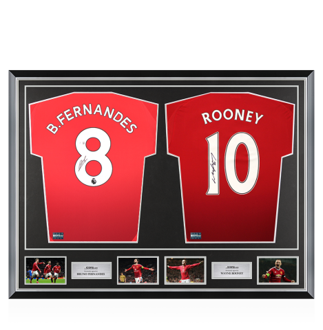 Bruno Fernandes & Wayne Rooney Signed Manchester United Shirts In Classic Dual Frame Bruno Fernandes & Wayne Rooney Signed Manchester United Shirts In Classic Dual Frame