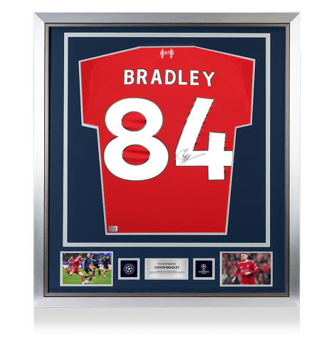 Connor Bradley Official UEFA Champions League Back Signed and Framed Liverpool 2025-26 Home Shirt