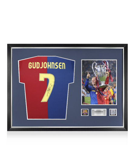 Eidur Gudjohnsen Official FC Barcelona Back Signed and Framed 2008-09 Home Shirt
