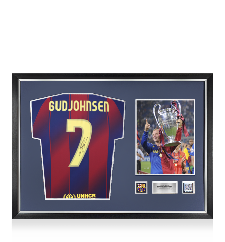 Eidur Gudjohnsen Official FC Barcelona Back Signed and Framed 2025-26 Home Shirt