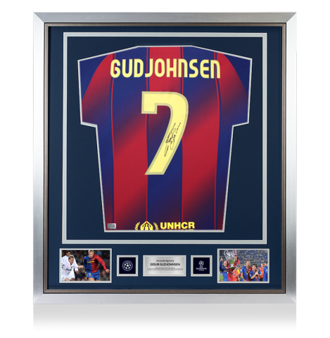 Eidur Gudjohnsen Official UEFA Champions League Back Signed and Framed FC Barcelona 2025-26 Home Shirt