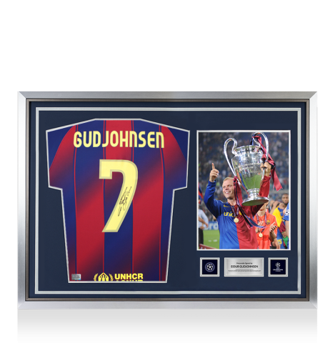 Eidur Gudjohnsen Official UEFA Champions League Back Signed and Hero Framed FC Barcelona 2025-26 Home Shirt