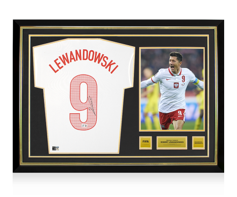 Robert Lewandowski Official FIFA World Cup™ Back Signed and Hero Framed Poland 2020-21 Home Shirt Robert Lewandowski Official FIFA World Cup™ Back Signed and Hero Framed Poland 2020-21 Home Shirt
