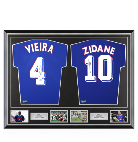 Patrick Vieira & Zinedine Zidane Signed France Shirts In Classic Dual Frame Patrick Vieira & Zinedine Zidane Signed France Shirts In Classic Dual Frame