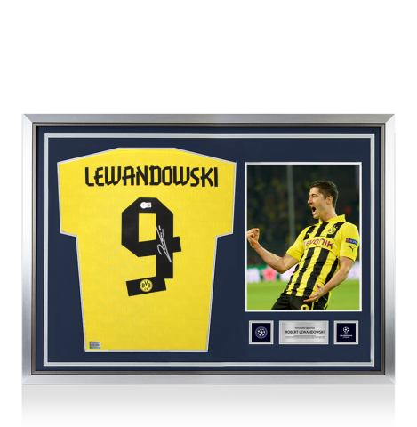 Robert Lewandowski Official UEFA Champions League Back Signed and Hero Framed Borussia Dortmund 2020-21 Home Shirt