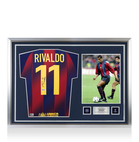 Rivaldo Official UEFA Champions League Back Signed and Hero Framed FC Barcelona 2025-26 Home Shirt