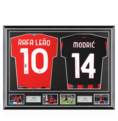 Rafael Leao & Luka Modric Signed AC Milan Shirts In Classic Dual Frame Rafael Leao & Luka Modric Signed AC Milan Shirts In Classic Dual Frame