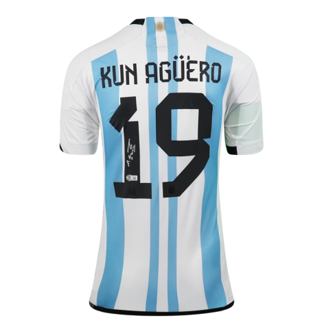 Sergio Aguero Back Signed Argentina 2022-23 Home Shirt In Deluxe Packaging