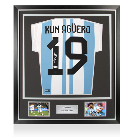 Sergio Aguero Back Signed Argentina 2022-23 Home Shirt In Classic Frame