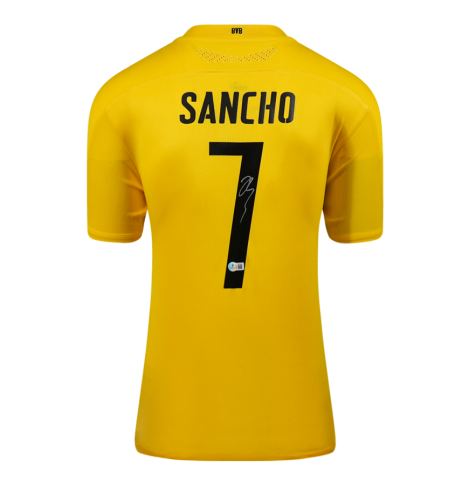 Jadon Sancho Official UEFA Champions League Back Signed Borussia Dortmund 2020-21 Home Shirt In Deluxe Packaging