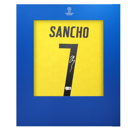 Jadon Sancho Official UEFA Champions League Back Signed Borussia Dortmund 2020-21 Home Shirt In Deluxe Packaging