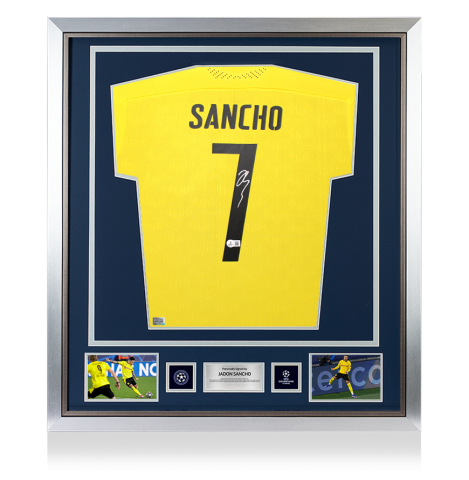 Jadon Sancho Official UEFA Champions League Back Signed and Framed Borussia Dortmund 2020-21 Home Shirt