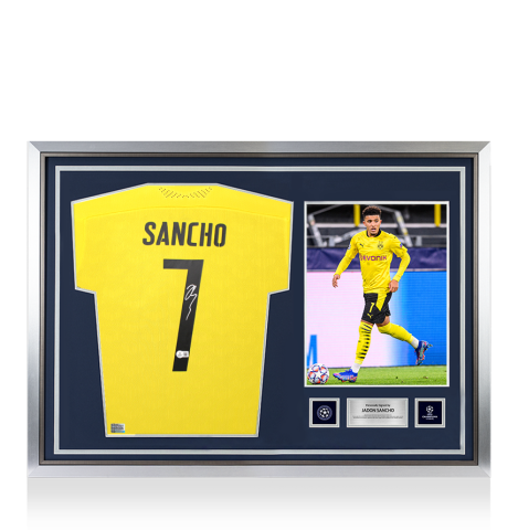 Jadon Sancho Official UEFA Champions League Back Signed and Hero Framed Borussia Dortmund 2020-21 Home Shirt