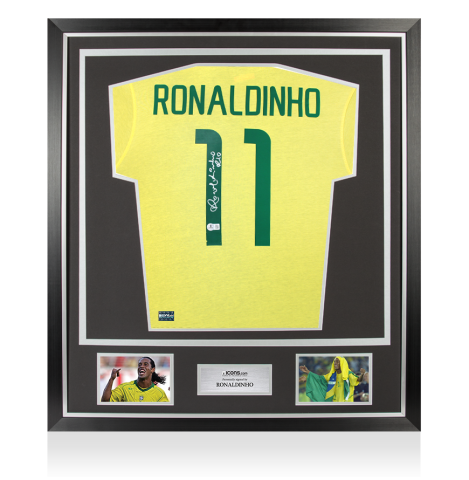 Ronaldinho Back Signed Brazil 1970 Retro Home Shirt In Classic Frame Ronaldinho Back Signed Brazil 1970 Retro Home Shirt In Classic Frame