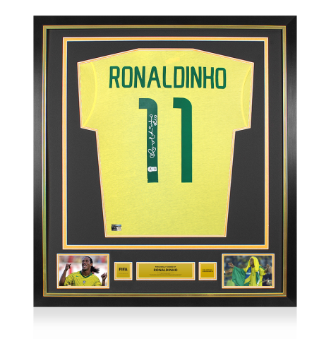 Ronaldinho Official FIFA World Cup™ Back Signed and Framed Brazil 1970 Retro Home Shirt Ronaldinho Official FIFA World Cup™ Back Signed and Framed Brazil 1970 Retro Home Shirt