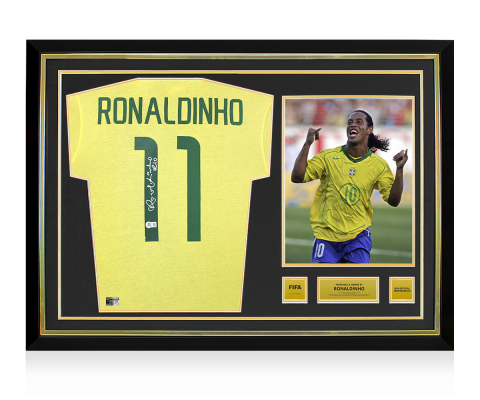 Ronaldinho Official FIFA World Cup™ Back Signed and Hero Framed Brazil 1970 Retro Home Shirt Ronaldinho Official FIFA World Cup™ Back Signed and Hero Framed Brazil 1970 Retro Home Shirt