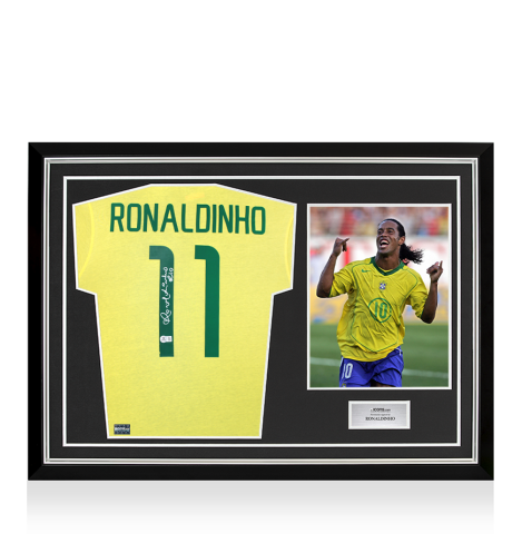 Ronaldinho Back Signed Brazil 1970 Retro Home Shirt In Hero Frame: Option 1 Ronaldinho Back Signed Brazil 1970 Retro Home Shirt In Hero Frame: Option 1