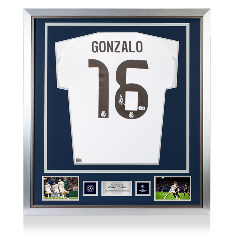 Gonzalo Garcia Official UEFA Champions League Back Signed and Framed Real Madrid 2025-26 Home Shirt