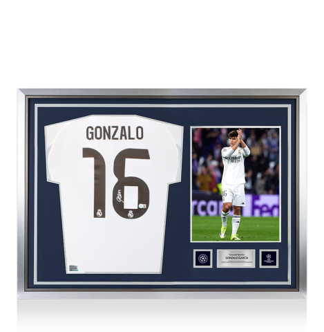 Gonzalo Garcia Official UEFA Champions League Back Signed and Hero Framed Real Madrid 2025-26 Home Shirt