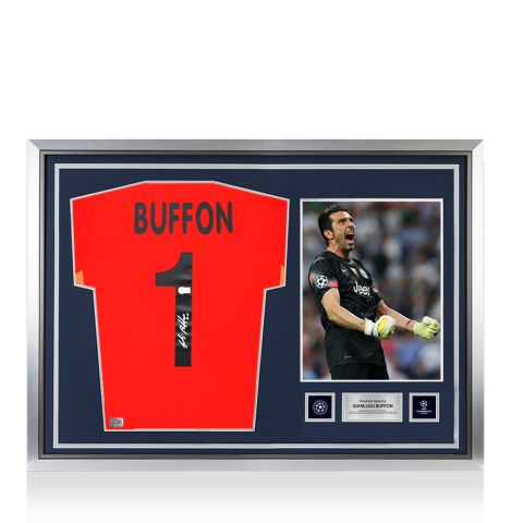 Gianluigi Buffon Official UEFA Champions League Back Signed and Hero Framed Juventus 2024-25 Goalkeeper Shirt