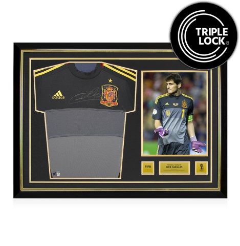 Iker Casillas Official 2014 FIFA World Cup™ Front Signed and Hero Framed Spain 2012 Away Goalkeeper Shirt