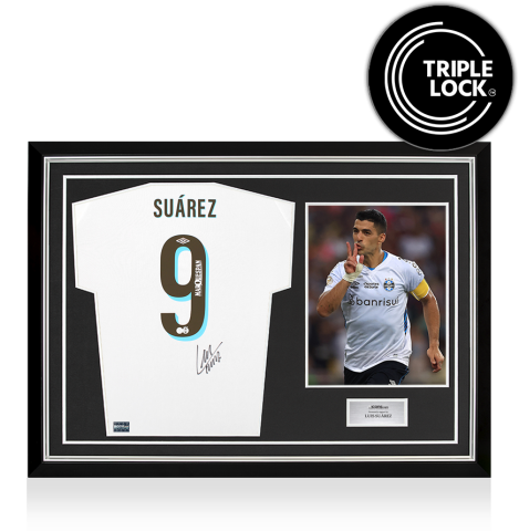 Luis Suarez Back Signed Gremio FBPA 2023 Away Shirt In Hero Frame: Option 1