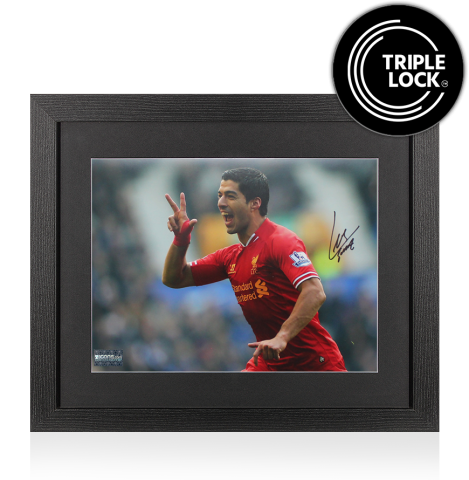Luis Suarez Signed Liverpool Photo In Black Wooden Frame: Famous Celebration