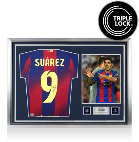 Luis Suarez Official UEFA Champions League Back Signed and Hero Framed FC Barcelona 2025-26 Home Shirt with Fan Style Number