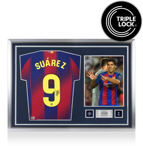 Luis Suarez Official UEFA Champions League Back Signed and Hero Framed FC Barcelona 2025-26 Home Shirt