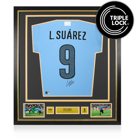 Luis Suarez Official 2014 FIFA World Cup™ Back Signed and Framed Uruguay 2014-15 Home Shirt