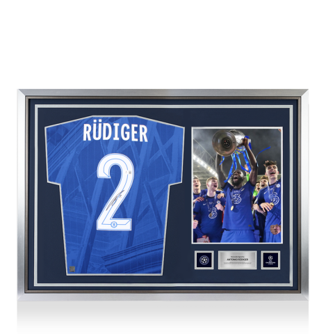 Antonio Rudiger Official UEFA Champions League Back Signed and Hero Framed Chelsea 2024-25 Home Shirt
