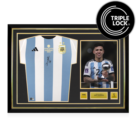Enzo Fernandez Official 2022 FIFA World Cup™ Front Signed and Hero Framed Argentina 2022-23 Home Shirt: Young Player Edition 