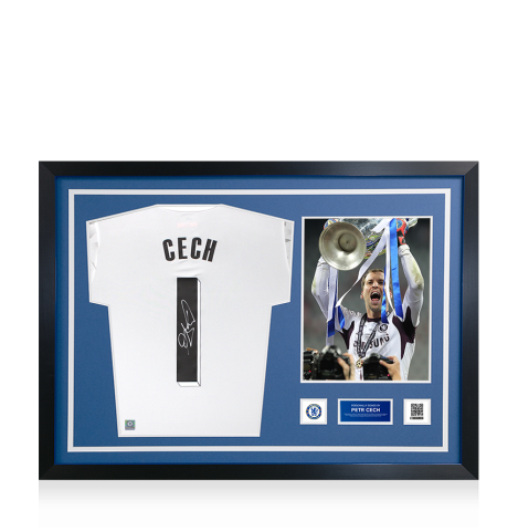Petr Cech Official Chelsea FC Signed and Framed Adidas White Goalkeeper Shirt 