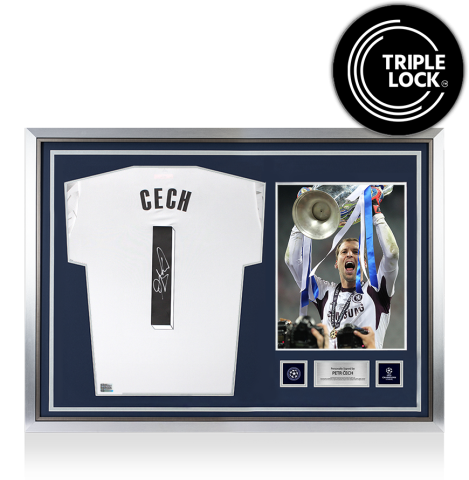 Petr Cech Official UEFA Champions League Back Signed and Hero Framed Adidas White Goalkeeper Shirt