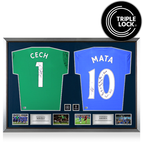 Petr Cech & Juan Mata Official UEFA Champions League Signed and Dual Framed Chelsea Shirts