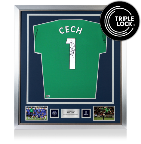 Petr Cech Official UEFA Champions League Back Signed and Framed Adidas Green Goalkeeper Shirt