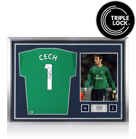 Petr Cech Official UEFA Champions League Back Signed and Hero Framed Adidas Green Goalkeeper Shirt