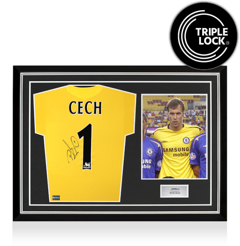 Petr Cech Back Signed Chelsea 2005-06 Goalkeeper Shirt In Hero Frame: Option 1 Petr Cech Back Signed Chelsea 2005-06 Goalkeeper Shirt In Hero Frame: Option 1